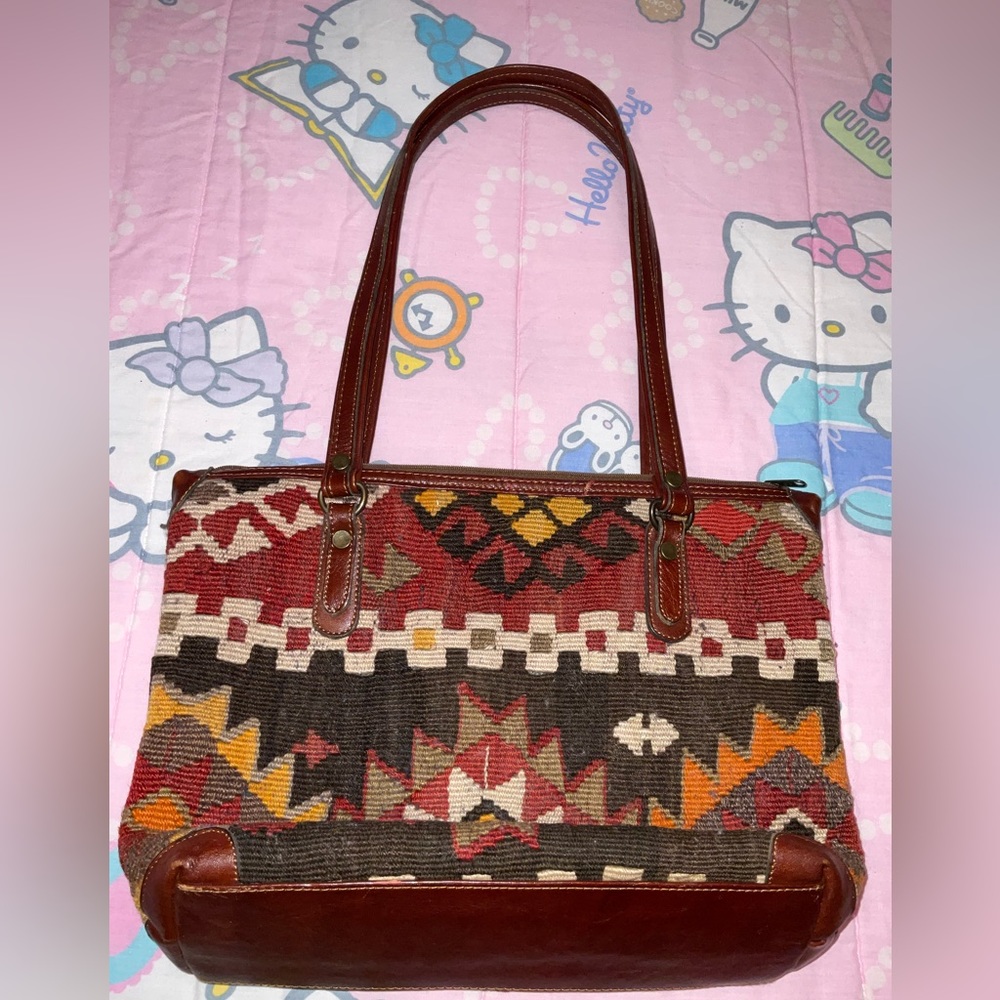 Yun Art Handmade Wool & Leather Large Turkish Killim Bag
